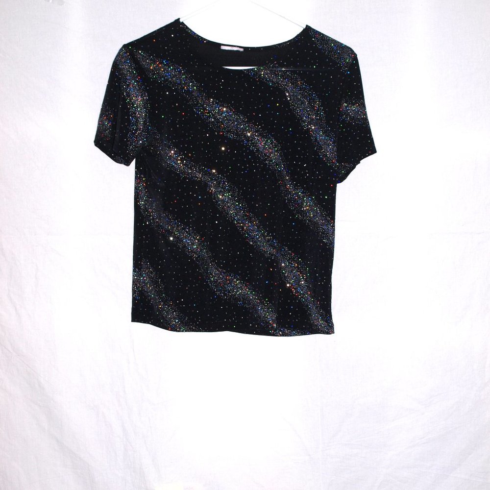 Black Stripe Boat Neck Sequin Short Sleeve Top Size XS